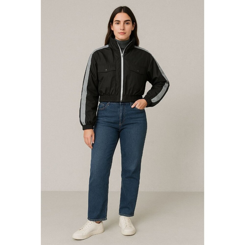 Cest Toi Cropped Black Nylon Jacket With Reflective Stripes & Zippered medium